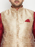 Vastramay Men's Plus Size Maroon and Rose Gold Brocade Silk Blend Jacket Kurta Pyjama Set