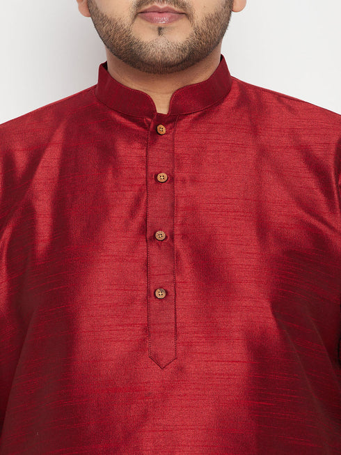 Vastramay Men's Plus Size Maroon and Rose Gold Brocade Silk Blend Jacket Kurta Pyjama Set