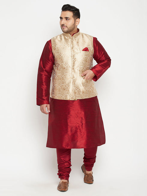 Vastramay Men's Plus Size Maroon and Rose Gold Brocade Silk Blend Jacket Kurta Pyjama Set
