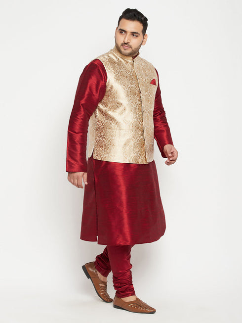 Vastramay Men's Plus Size Maroon and Rose Gold Brocade Silk Blend Jacket Kurta Pyjama Set