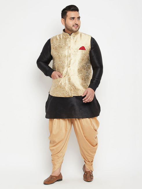 Vastramay Men's Plus Size Rose Gold and Black Silk Blend Jacket Kurta Dhoti Pant Set