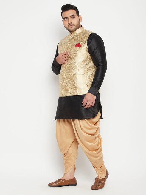 Vastramay Men's Plus Size Rose Gold and Black Silk Blend Jacket Kurta Dhoti Pant Set