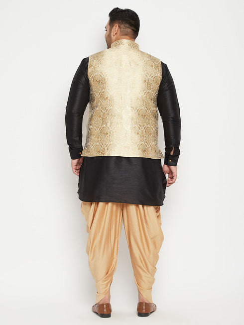 Vastramay Men's Plus Size Rose Gold and Black Silk Blend Jacket Kurta Dhoti Pant Set
