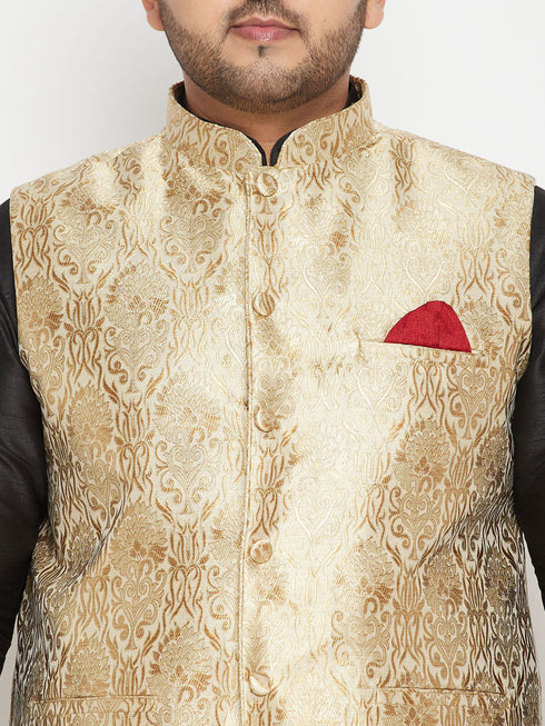 Vastramay Men's Plus Size Rose Gold and Black Silk Blend Jacket Kurta Dhoti Pant Set