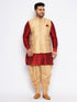 Vastramay Men's Plus Size Rose Gold Woven Nehru Jacket With Maroon Kurta And Rose Gold Dhoti Set