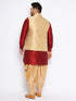 Vastramay Men's Plus Size Rose Gold Woven Nehru Jacket With Maroon Kurta And Rose Gold Dhoti Set