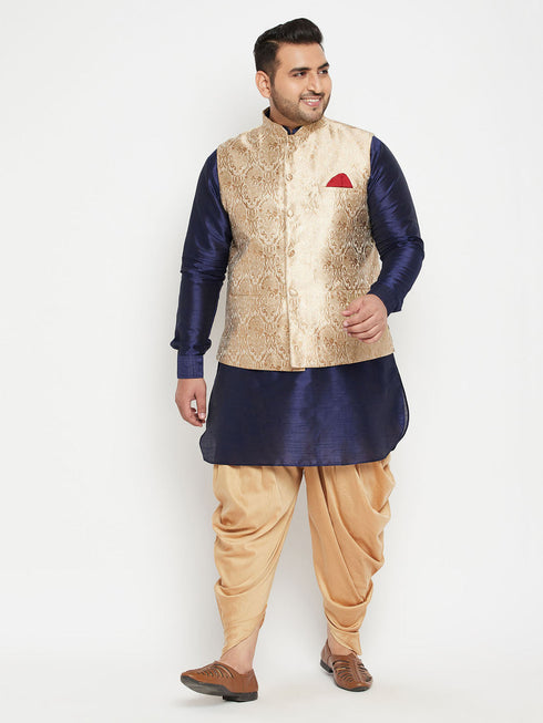 Vastramay Men's Plus Size Rose Gold and Navy Blue Silk Blend Jacket Kurta Dhoti Pant Set