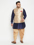 Vastramay Men's Plus Size Rose Gold and Navy Blue Silk Blend Jacket Kurta Dhoti Pant Set