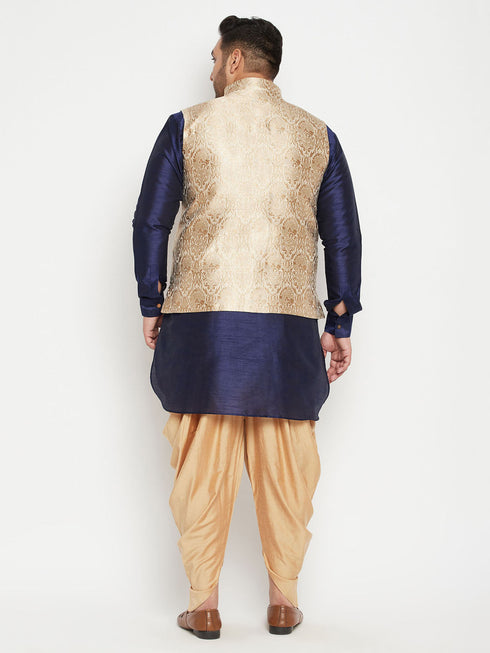 Vastramay Men's Plus Size Rose Gold and Navy Blue Silk Blend Jacket Kurta Dhoti Pant Set