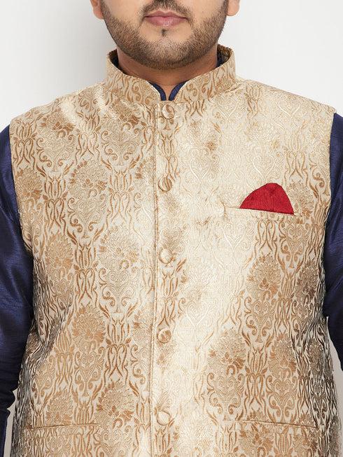 Vastramay Men's Plus Size Rose Gold and Navy Blue Silk Blend Jacket Kurta Dhoti Pant Set