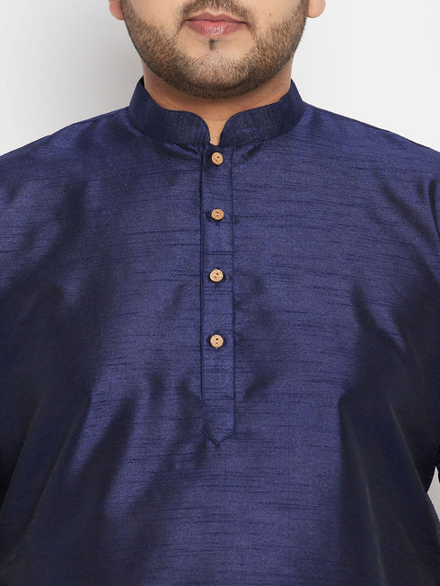 Vastramay Men's Plus Size Rose Gold and Navy Blue Silk Blend Jacket Kurta Dhoti Pant Set