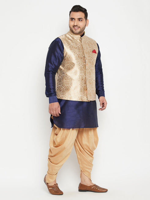 Vastramay Men's Plus Size Rose Gold and Navy Blue Silk Blend Jacket Kurta Dhoti Pant Set