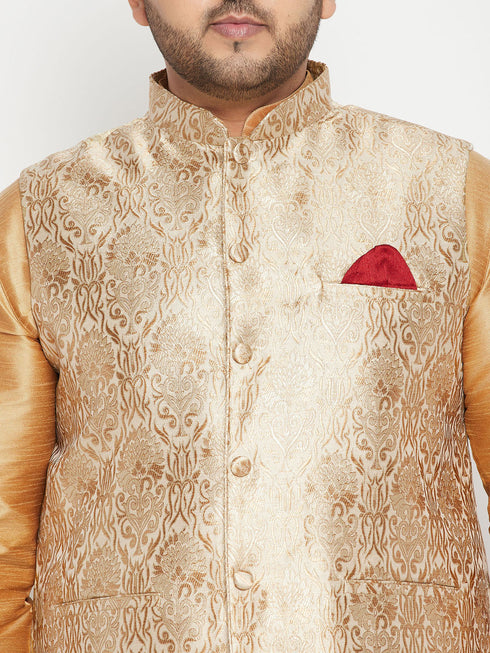 Vastramay Men's Plus Size Rose Gold Brocade Silk Blend Jacket Kurta Dhoti Pant Set