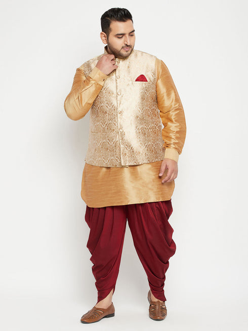 Vastramay Men's Plus Size Rose Gold Brocade Silk Blend Jacket Kurta Dhoti Pant Set