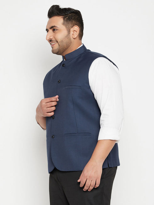 Vastramay Men's Plus Size Blue Cotton Blend Nehru Jacket