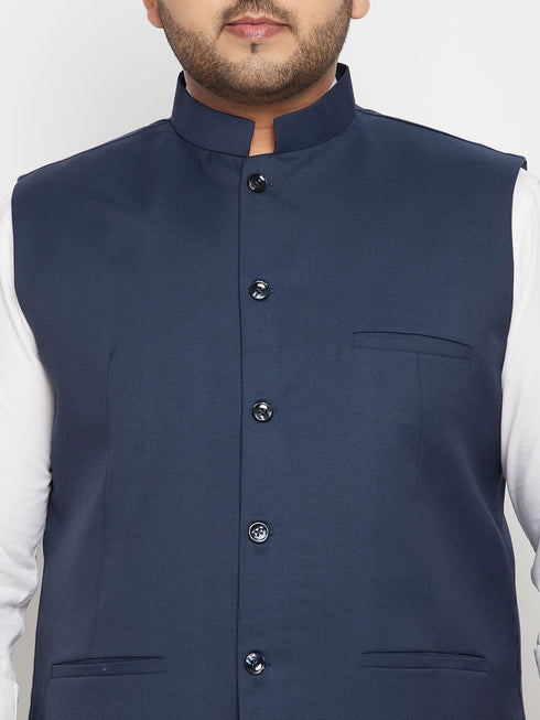 Vastramay Men's Plus Size Blue Cotton Blend Nehru Jacket
