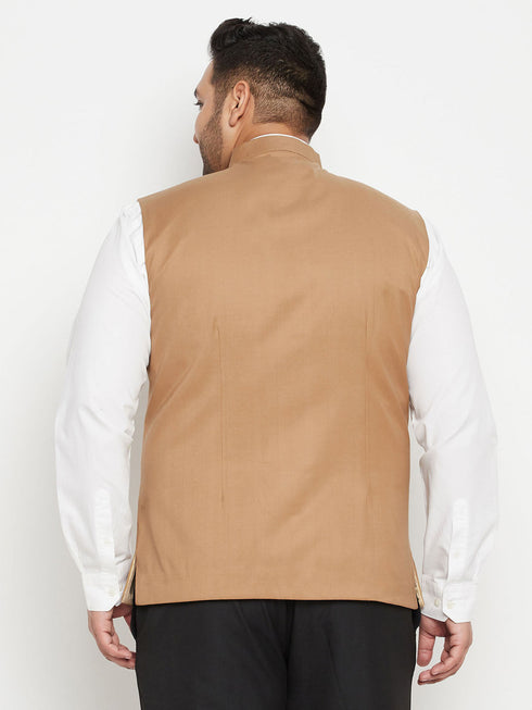 Vastramay Men's Plus Size Chiku Brown Cotton Blend Nehru Jacket