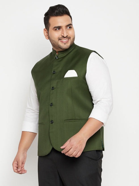 Vastramay Men's Plus Size Green Cotton Blend Nehru Jacket