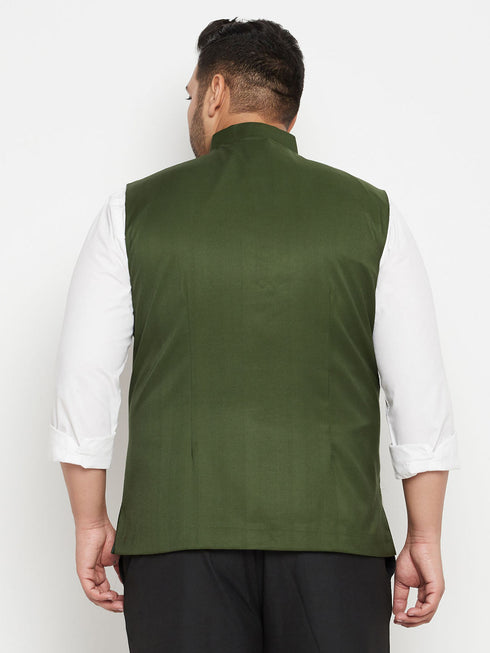Vastramay Men's Plus Size Green Cotton Blend Nehru Jacket