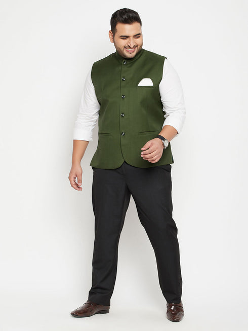 Vastramay Men's Plus Size Green Cotton Blend Nehru Jacket