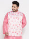 Vastramay Men's Plus Size Peach Floral Print Silk Blend Nehru Jacket
