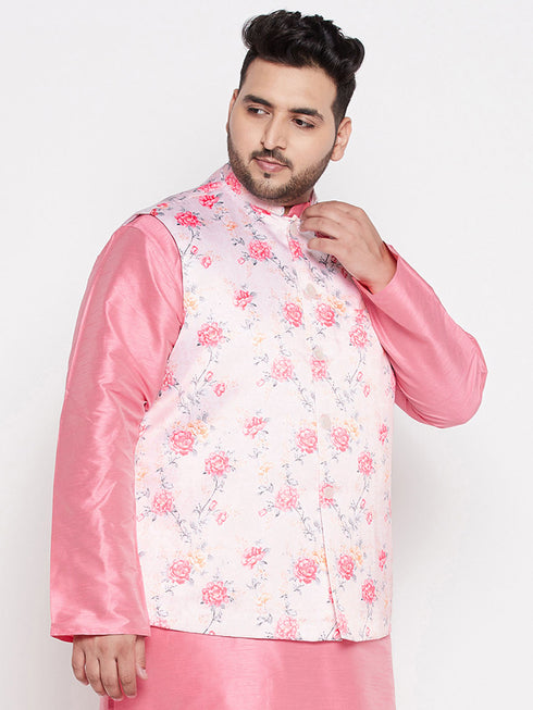 Vastramay Men's Plus Size Peach Floral Print Silk Blend Nehru Jacket