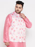 Vastramay Men's Plus Size Peach Floral Print Silk Blend Nehru Jacket