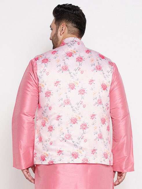 Vastramay Men's Plus Size Peach Floral Print Silk Blend Nehru Jacket