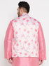 Vastramay Men's Plus Size Peach Floral Print Silk Blend Nehru Jacket