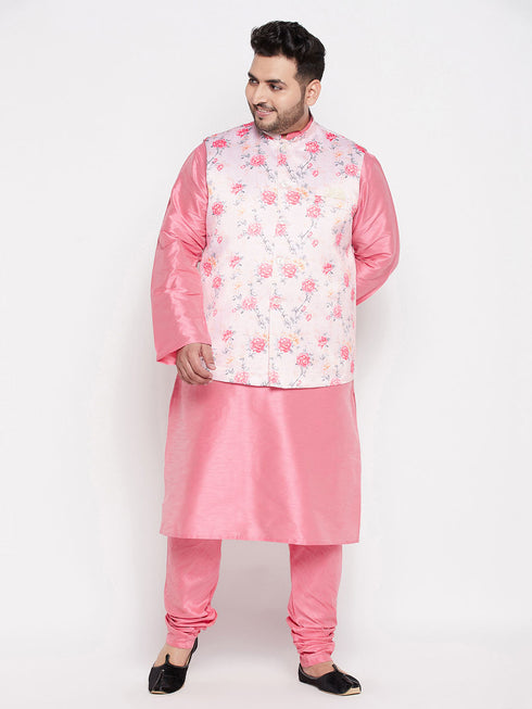 Vastramay Men's Plus Size Peach Floral Print Silk Blend Nehru Jacket