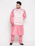 Vastramay Men's Plus Size Peach Floral Print Silk Blend Nehru Jacket