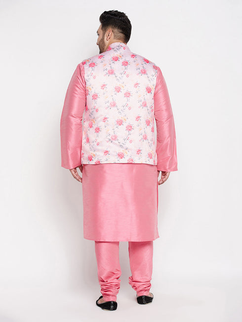Vastramay Men's Plus Size Peach Floral printed Jacket With Pink Solid Kurta Pyjama Set