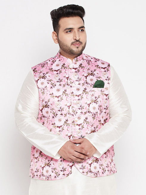 Vastramay Men's Plus Size Pink Floral Print Silk Blend Nehru Jacket