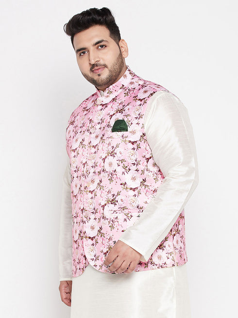 Vastramay Men's Plus Size Pink Floral Print Silk Blend Nehru Jacket