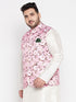 Vastramay Men's Plus Size Pink Floral Print Silk Blend Nehru Jacket