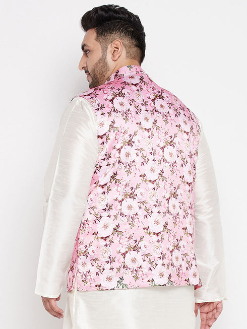 Vastramay Men's Plus Size Pink Floral Print Silk Blend Nehru Jacket
