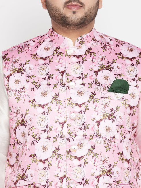 Vastramay Men's Plus Size Pink Floral Print Silk Blend Nehru Jacket