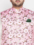 Vastramay Men's Plus Size Pink Floral Print Silk Blend Nehru Jacket