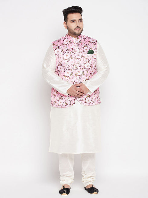 Vastramay Men's Plus Size Pink Floral Print Silk Blend Nehru Jacket