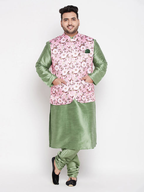 Vastramay Men's Plus Size Pink Floral printed Jacket With Mint Green Solid Kurta Pyjama Set