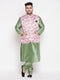 Vastramay Men's Plus Size Pink Floral printed Jacket With Mint Green Solid Kurta Pyjama Set