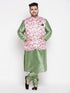 Vastramay Men's Plus Size Pink Floral printed Jacket With Mint Green Solid Kurta Pyjama Set