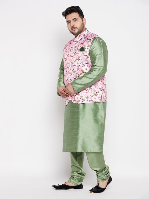 Vastramay Men's Plus Size Pink Floral printed Jacket With Mint Green Solid Kurta Pyjama Set