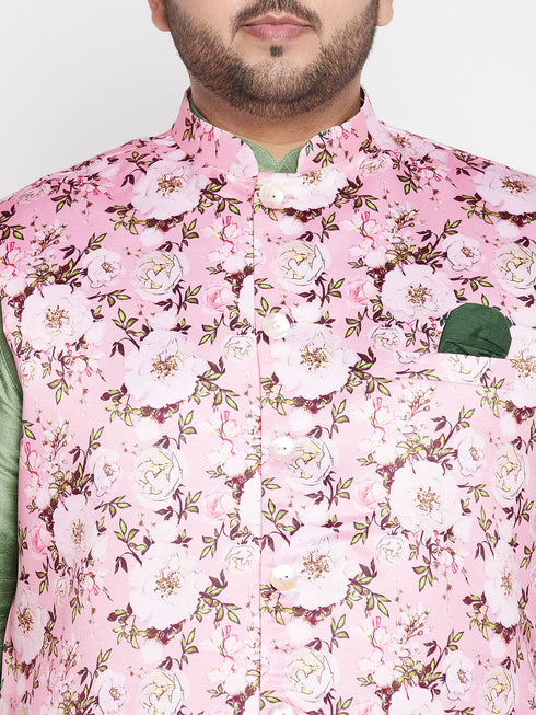 Vastramay Men's Plus Size Pink Floral printed Jacket With Mint Green Solid Kurta Pyjama Set