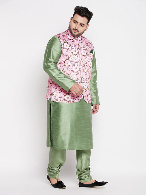 Vastramay Men's Plus Size Pink Floral printed Jacket With Mint Green Solid Kurta Pyjama Set