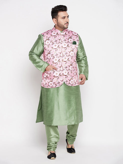 Vastramay Men's Plus Size Pink Floral printed Jacket With Mint Green Solid Kurta Pyjama Set