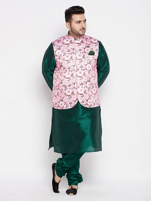 Vastramay Men's Plus Size Pink Floral printed Jacket With Green Solid Kurta Pyjama Set