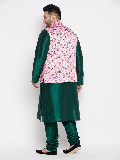 Vastramay Men's Plus Size Pink Floral printed Jacket With Green Solid Kurta Pyjama Set