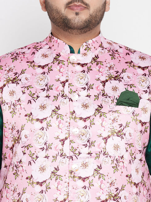 Vastramay Men's Plus Size Pink Floral printed Jacket With Green Solid Kurta Pyjama Set