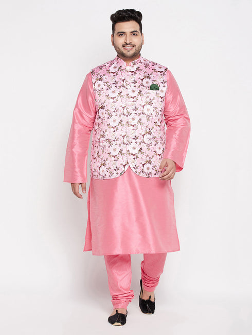 Vastramay Men's Plus Size Pink Floral printed Jacket With Pink Solid Kurta Pyjama Set